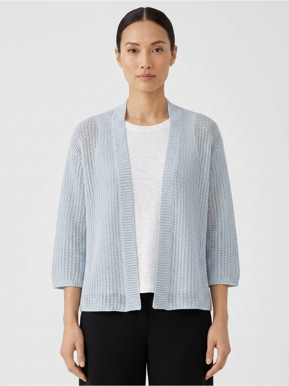 Eileen Fisher Crochet Cropped Slub Cardigan — Silk Linen Blend